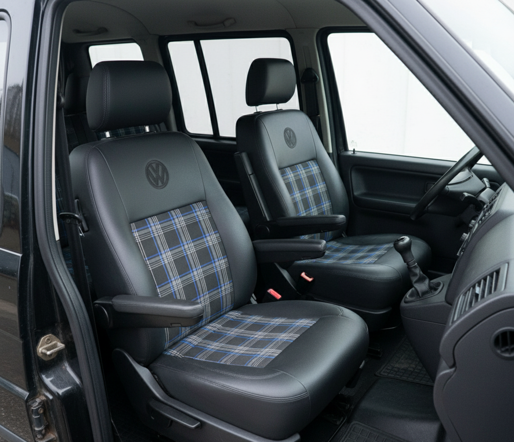 Black leather with blue tartan upholstery Blue Note Upholstery
